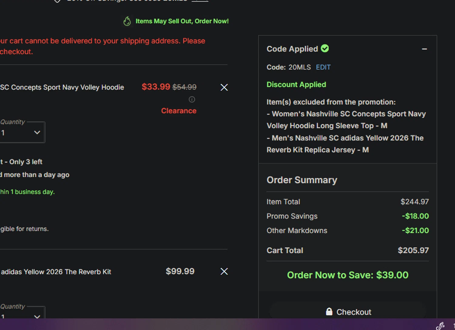 FC Cincinnati checkout page showing FC Cincinnati promo code box | Screenshot taken by SimplyCodes community member on Feb 25, 2026