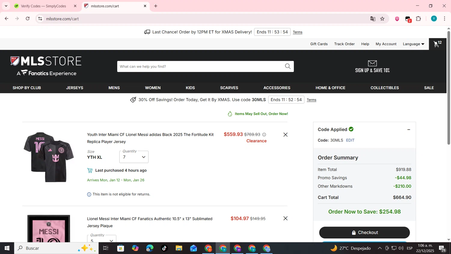 FC Cincinnati promo code screenshot showing code 30MLS applied at FC Cincinnati checkout page. Uploaded by SimplyCodes community member codygakpo on Dec 22, 2025