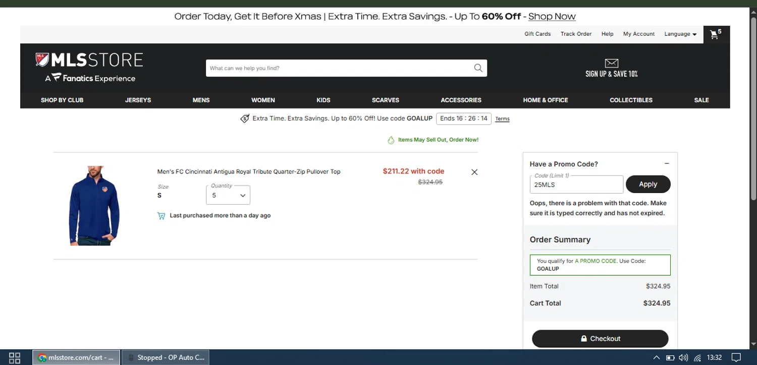 FC Cincinnati promo code screenshot showing code 25mls applied at FC Cincinnati checkout page. Uploaded by SimplyCodes community member CAFEFAVORITO on Dec 14, 2025