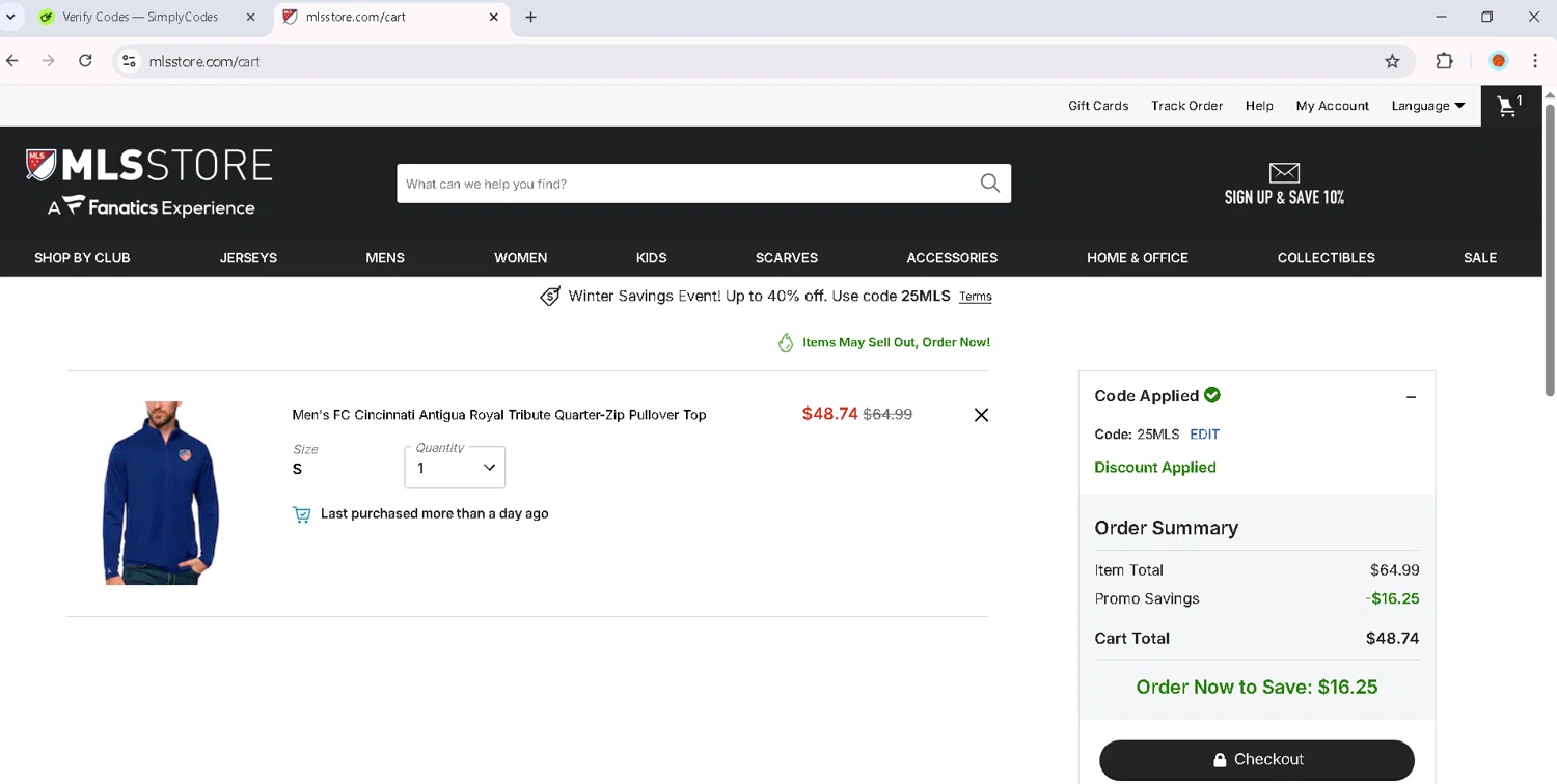 FC Cincinnati checkout page showing FC Cincinnati promo code box | Screenshot taken by SimplyCodes community member on Dec 30, 2025