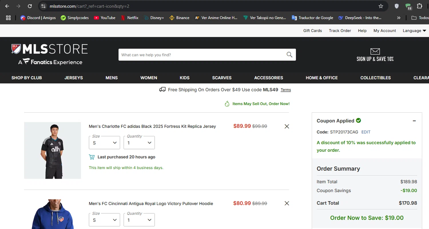 FC Cincinnati promo code screenshot showing code STP20173CAG applied at FC Cincinnati checkout page. Uploaded by SimplyCodes community member Hisoka on Jul 9, 2025