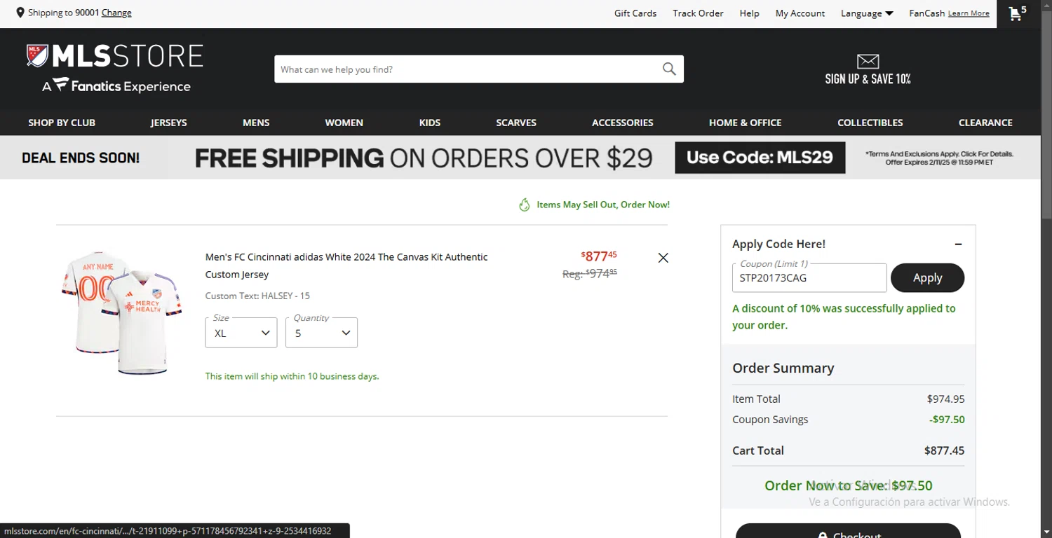 FC Cincinnati promo code screenshot showing code STP20173CAG applied at FC Cincinnati checkout page. Uploaded by SimplyCodes community member carlosbracho414_39a4 on Feb 11, 2025