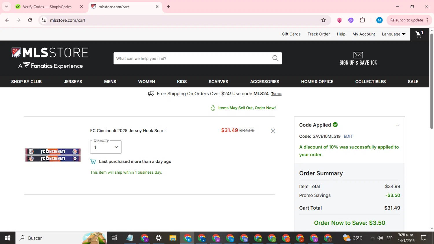 FC Cincinnati checkout page showing FC Cincinnati promo code box | Screenshot taken by SimplyCodes community member on Jan 14, 2026