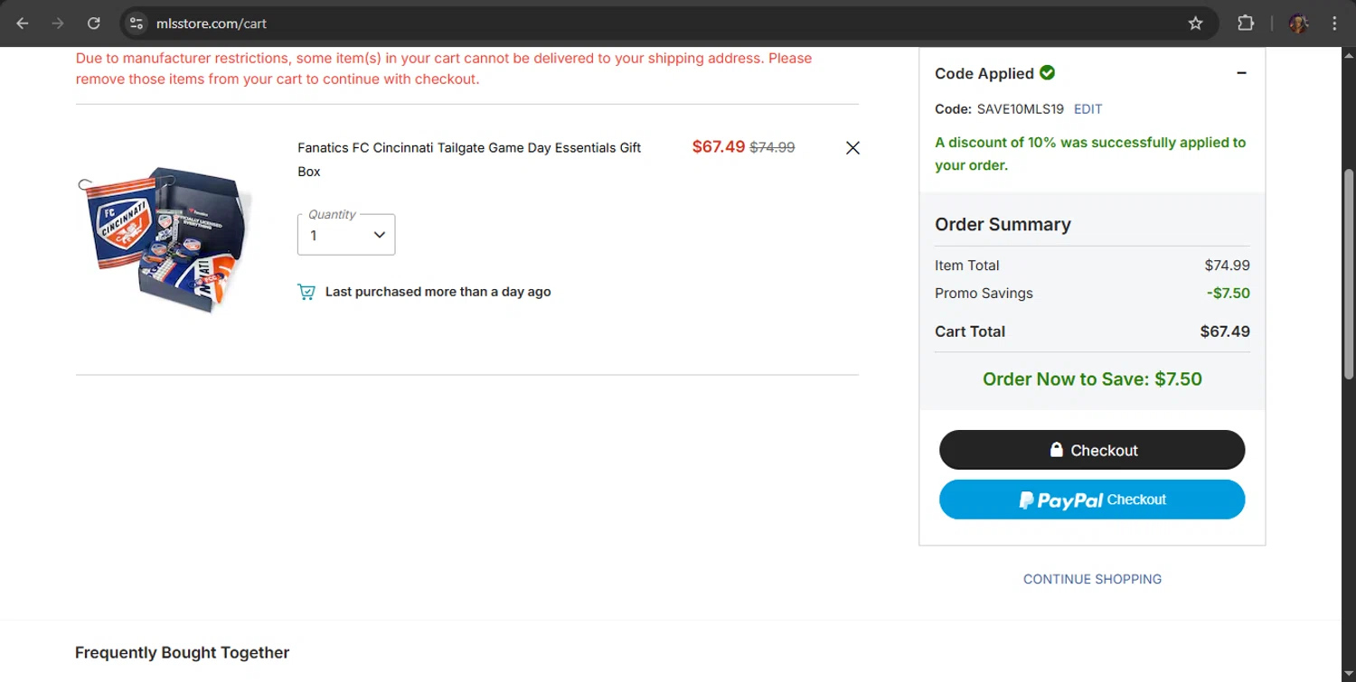 FC Cincinnati promo code screenshot showing code SAVE10MLS19 applied at FC Cincinnati checkout page. Uploaded by SimplyCodes community member luffyreturn on Feb 16, 2026