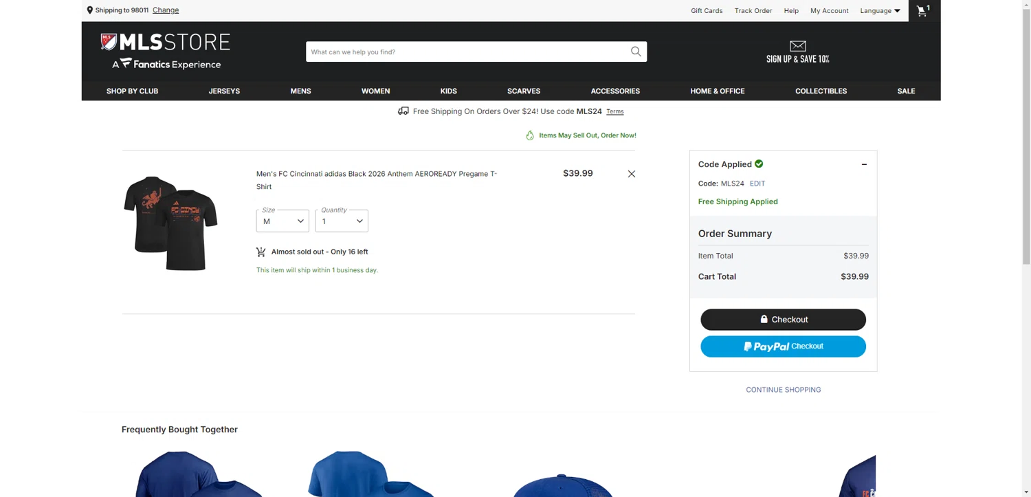 FC Cincinnati checkout page showing FC Cincinnati promo code box | Screenshot taken by SimplyCodes community member on Jan 31, 2026