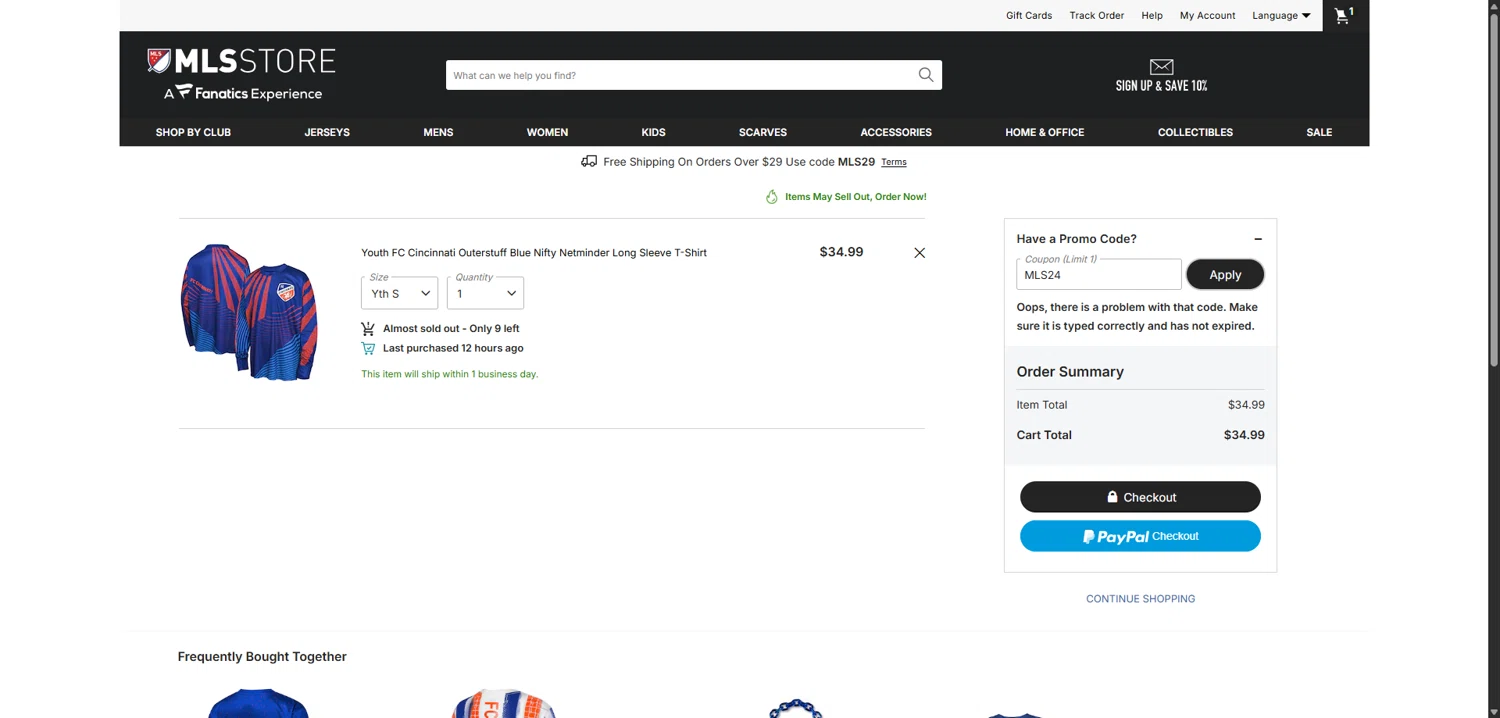 FC Cincinnati promo code screenshot showing code MLS24 applied at FC Cincinnati checkout page. Uploaded by SimplyCodes community member TokenNavigator3088 on Oct 25, 2025