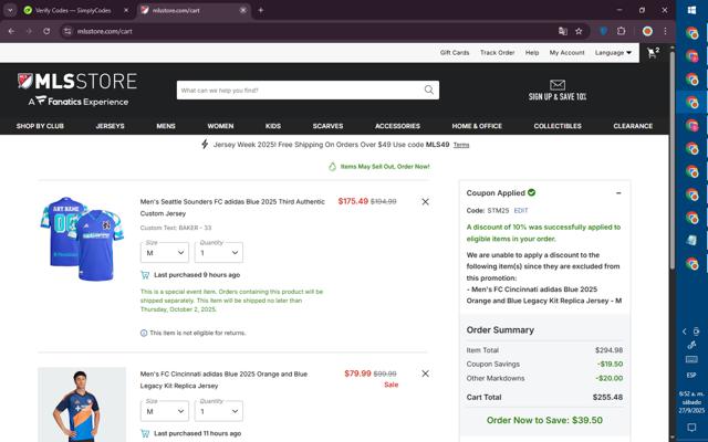 FC Cincinnati checkout page showing FC Cincinnati promo code box | Screenshot taken by SimplyCodes community member on Sep 27, 2025