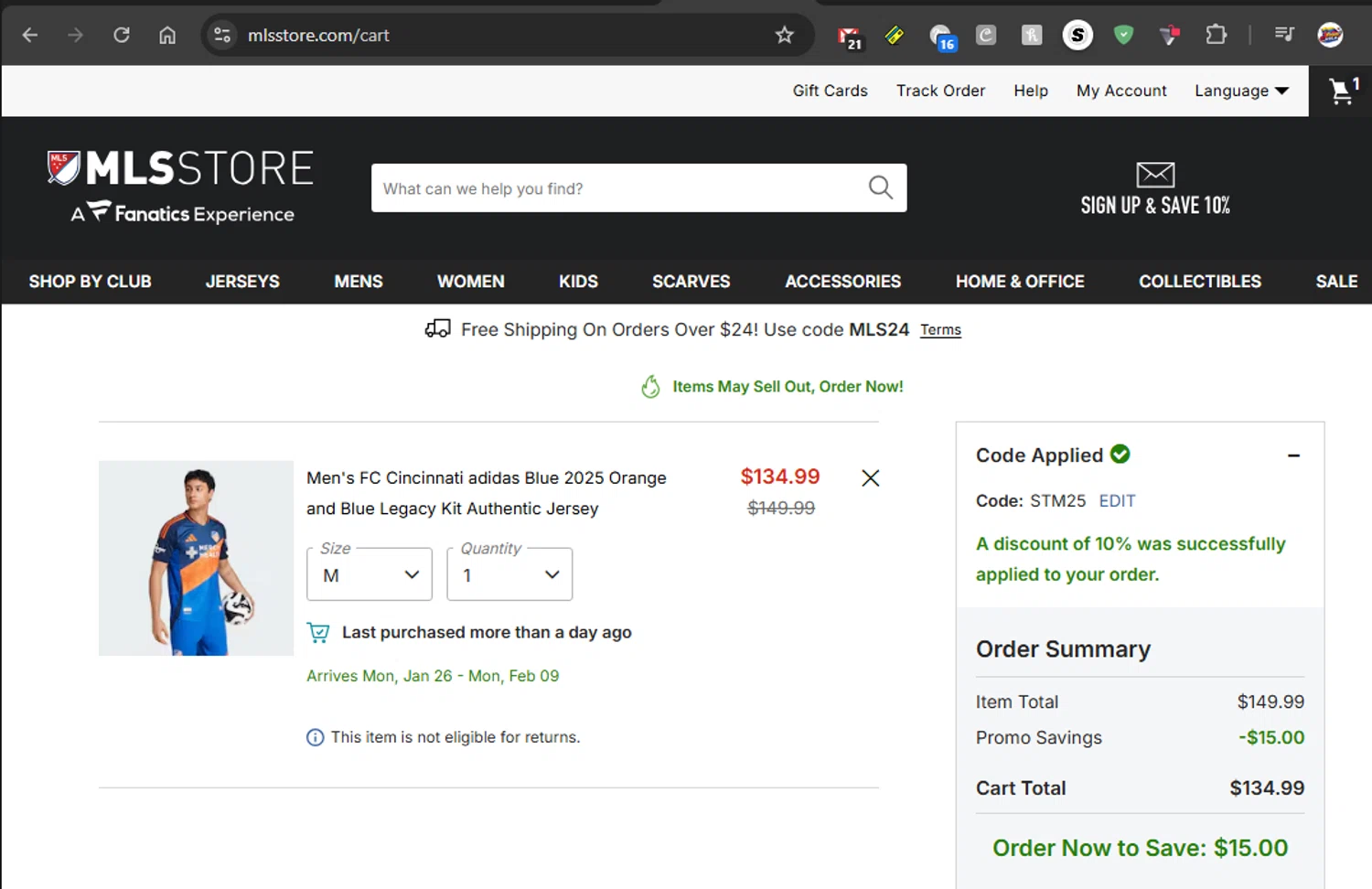 FC Cincinnati checkout page showing FC Cincinnati promo code box | Screenshot taken by SimplyCodes community member on Jan 4, 2026
