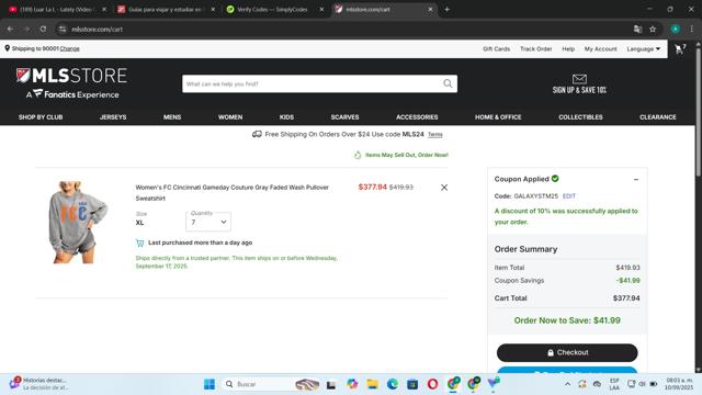 FC Cincinnati checkout page showing FC Cincinnati promo code box | Screenshot taken by SimplyCodes community member on Sep 10, 2025