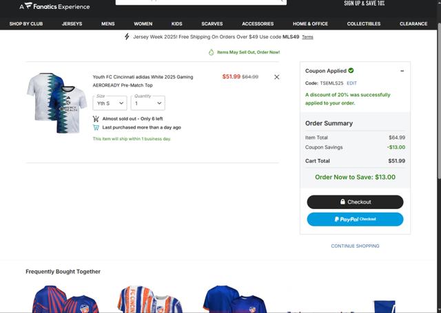 FC Cincinnati checkout page showing FC Cincinnati promo code box | Screenshot taken by SimplyCodes community member on Sep 27, 2025