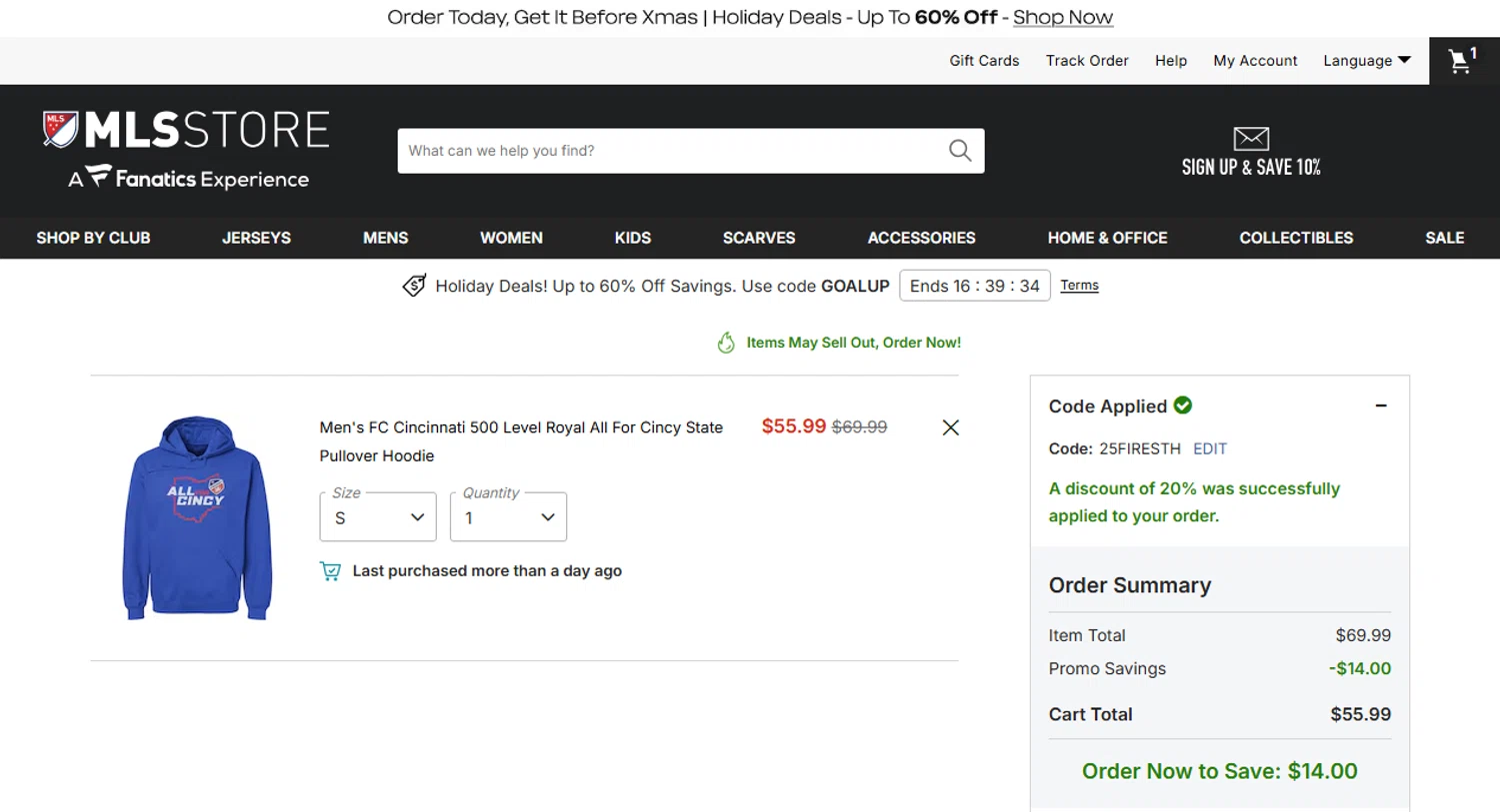 FC Cincinnati checkout page showing FC Cincinnati promo code box | Screenshot taken by SimplyCodes community member on Dec 21, 2025
