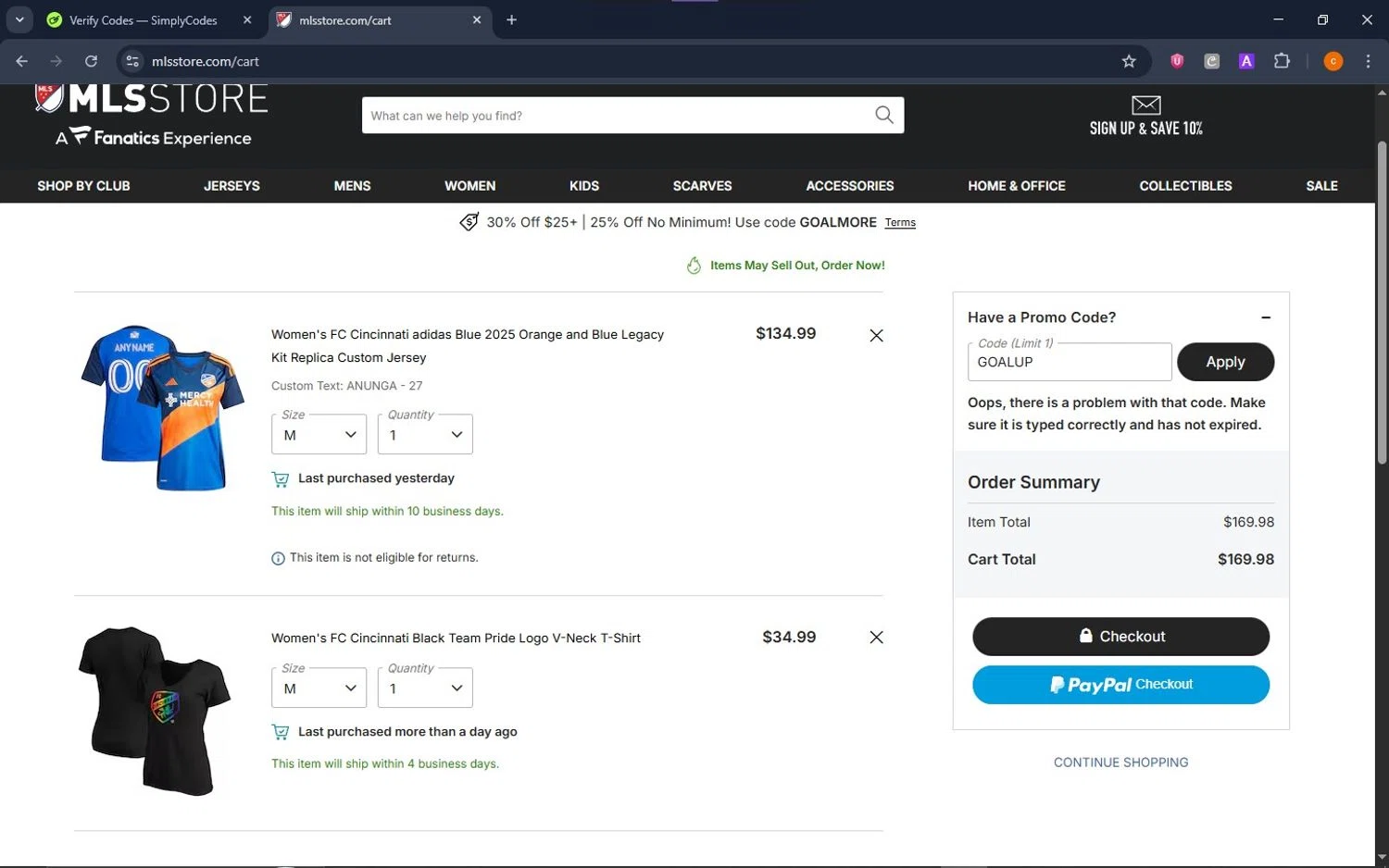 FC Cincinnati promo code screenshot showing code GOALUP applied at FC Cincinnati checkout page. Uploaded by SimplyCodes community member ShrewdCaptain9911 on Dec 16, 2025