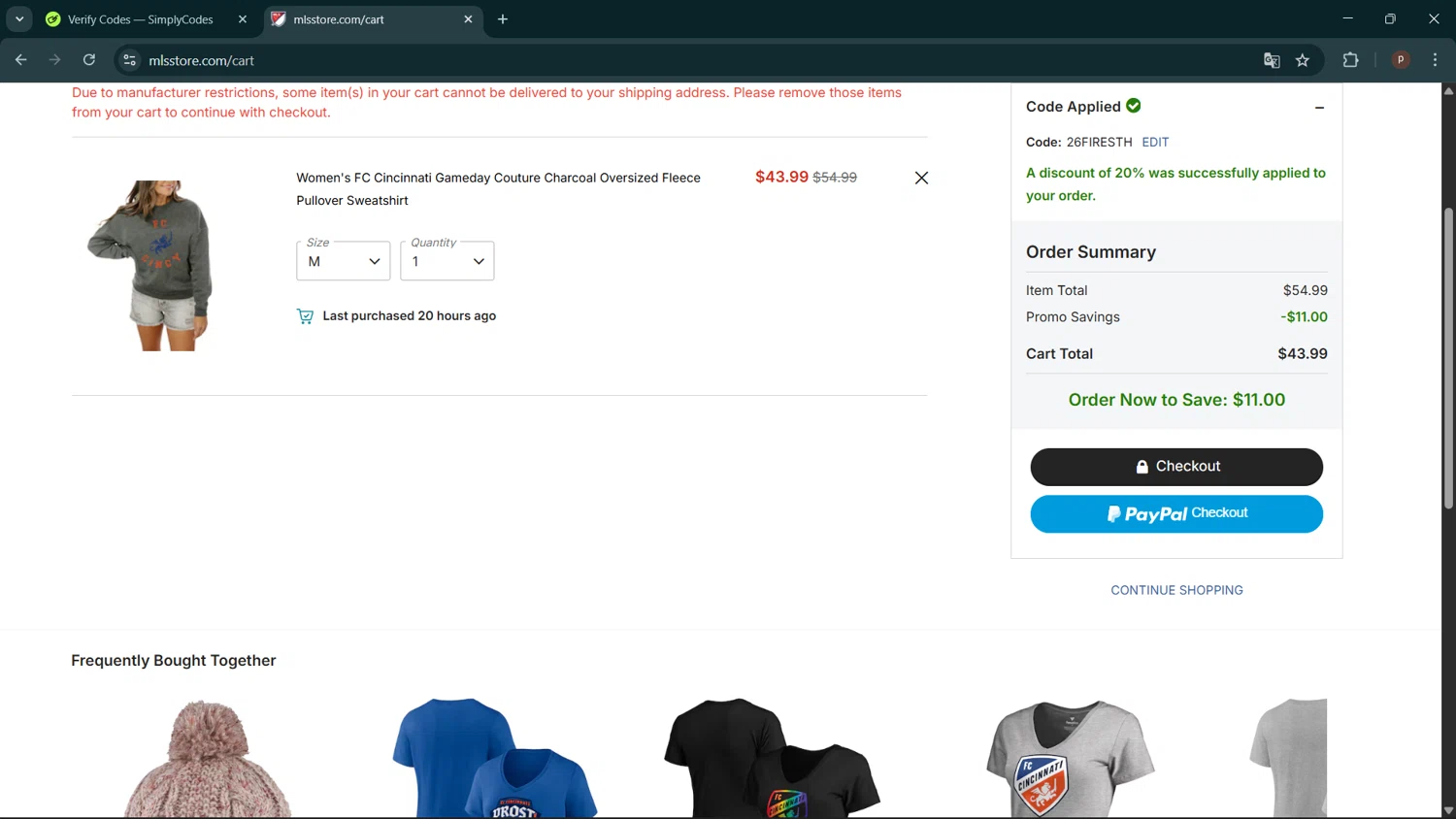 FC Cincinnati checkout page showing FC Cincinnati promo code box | Screenshot taken by SimplyCodes community member on Feb 21, 2026