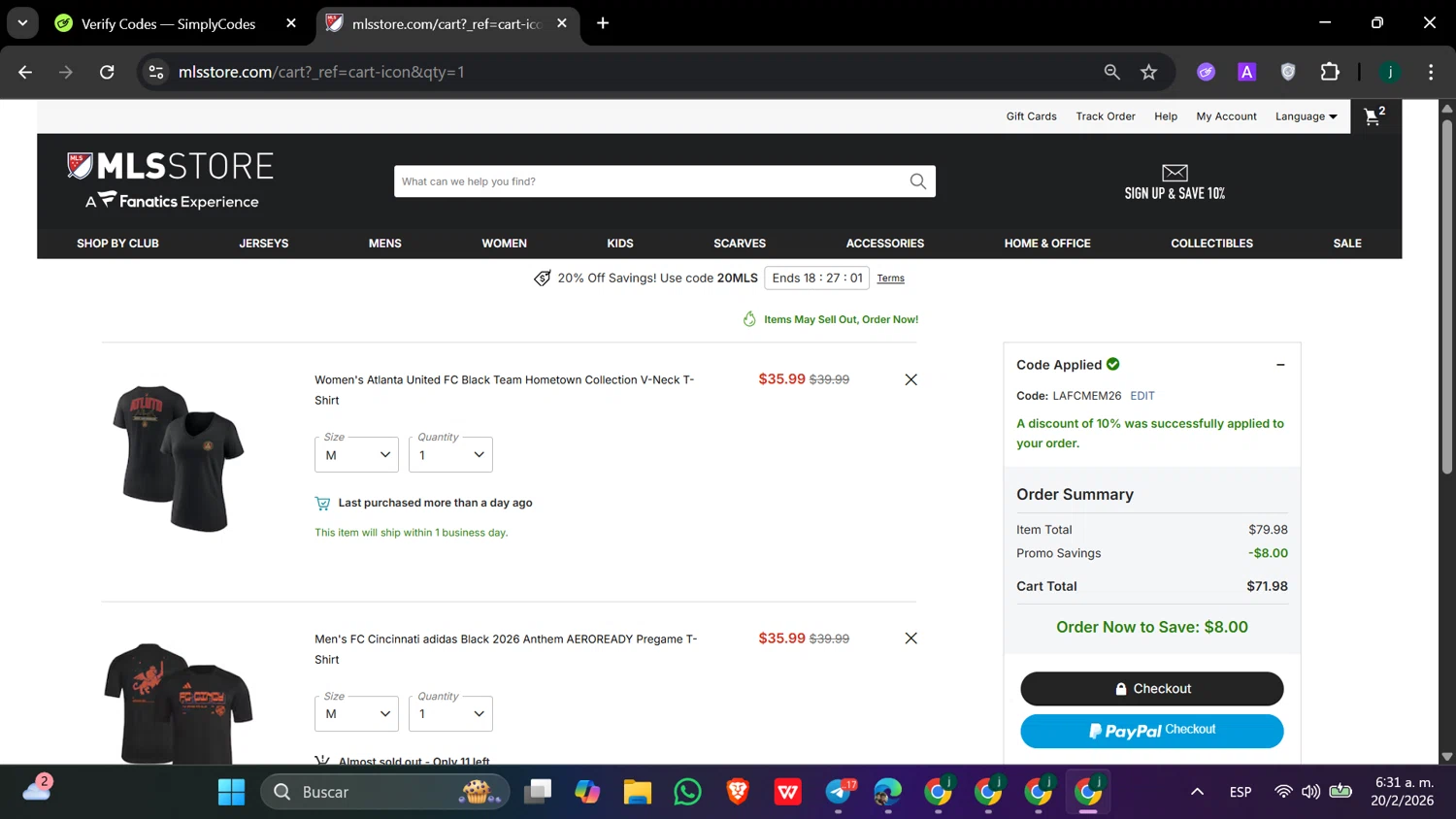 FC Cincinnati checkout page showing FC Cincinnati promo code box | Screenshot taken by SimplyCodes community member on Feb 20, 2026