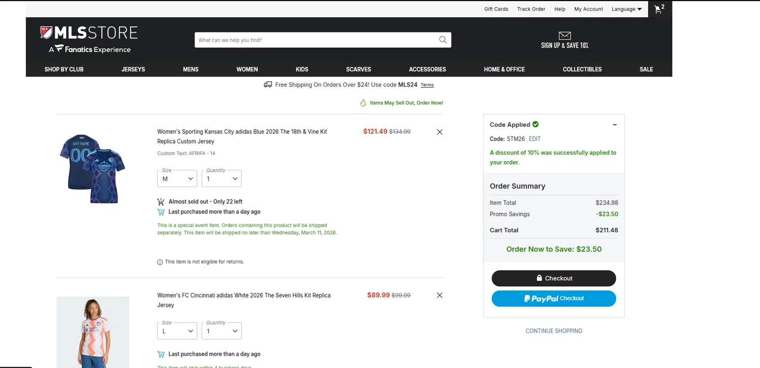 FC Cincinnati checkout page showing FC Cincinnati promo code box | Screenshot taken by SimplyCodes community member on Feb 24, 2026