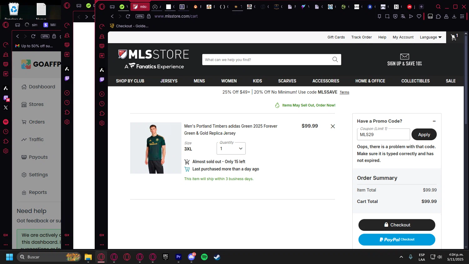 FC Dallas promo code screenshot showing code MLS29 applied at FC Dallas checkout page. Uploaded by SimplyCodes community member Billyyou on Nov 5, 2025