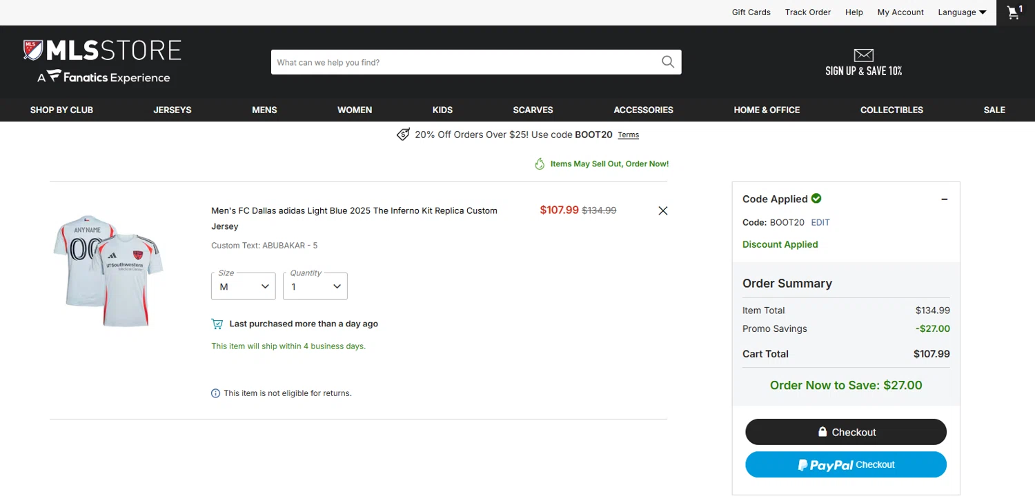 FC Dallas checkout page showing FC Dallas promo code box | Screenshot taken by SimplyCodes community member on Jan 16, 2026