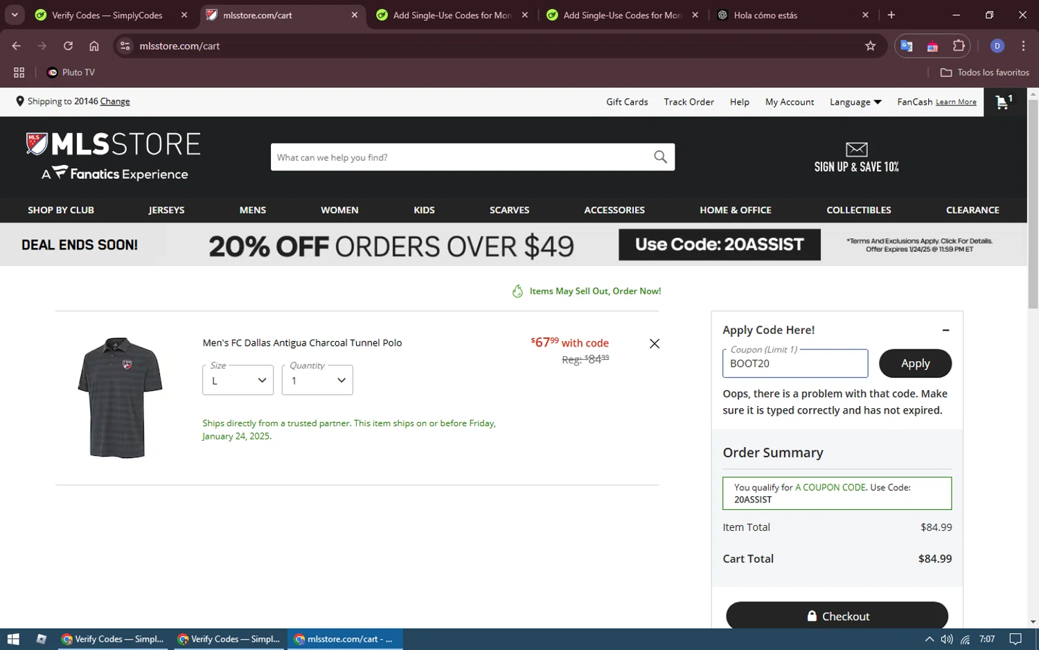 FC Dallas promo code screenshot showing code BOOT20 applied at FC Dallas checkout page. Uploaded by SimplyCodes community member SmartExpert6670 on Jan 23, 2025