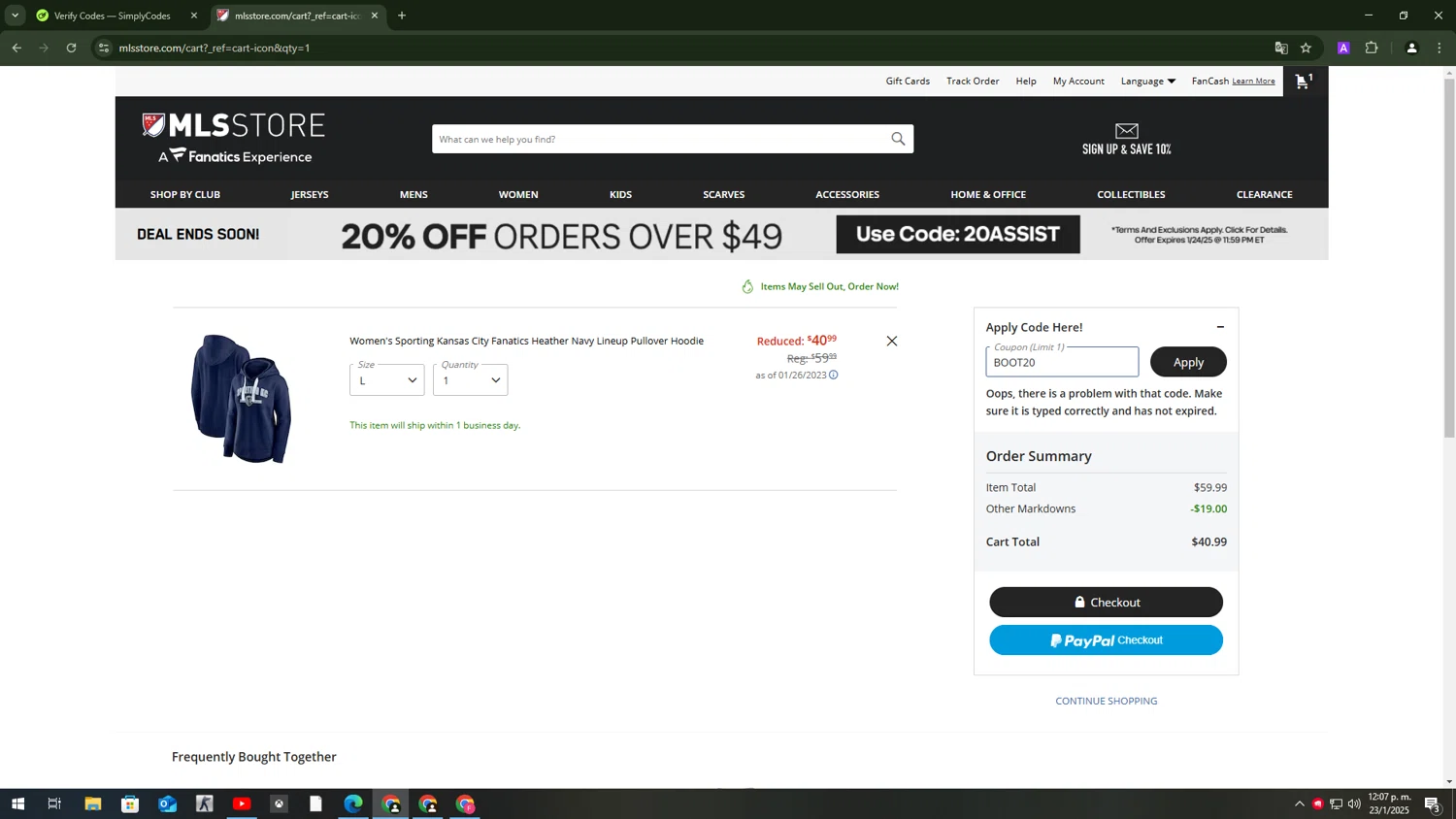 FC Dallas promo code screenshot showing code BOOT20 applied at FC Dallas checkout page. Uploaded by SimplyCodes community member ExtraordinaryExpert1730 on Jan 23, 2025
