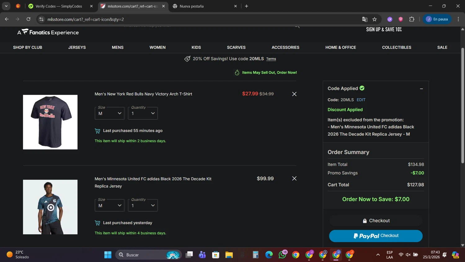 FC Dallas promo code screenshot showing code 20MLS applied at FC Dallas checkout page. Uploaded by SimplyCodes community member PennyScholar593 on Feb 25, 2026