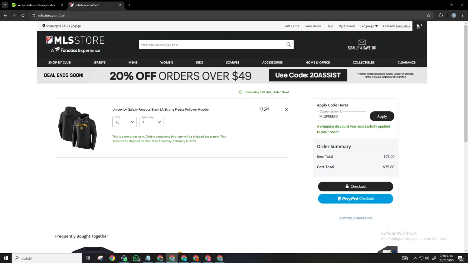 FC Dallas promo code screenshot showing code MLSFREE50 applied at FC Dallas checkout page. Uploaded by SimplyCodes community member Neonvalo on Jan 23, 2025