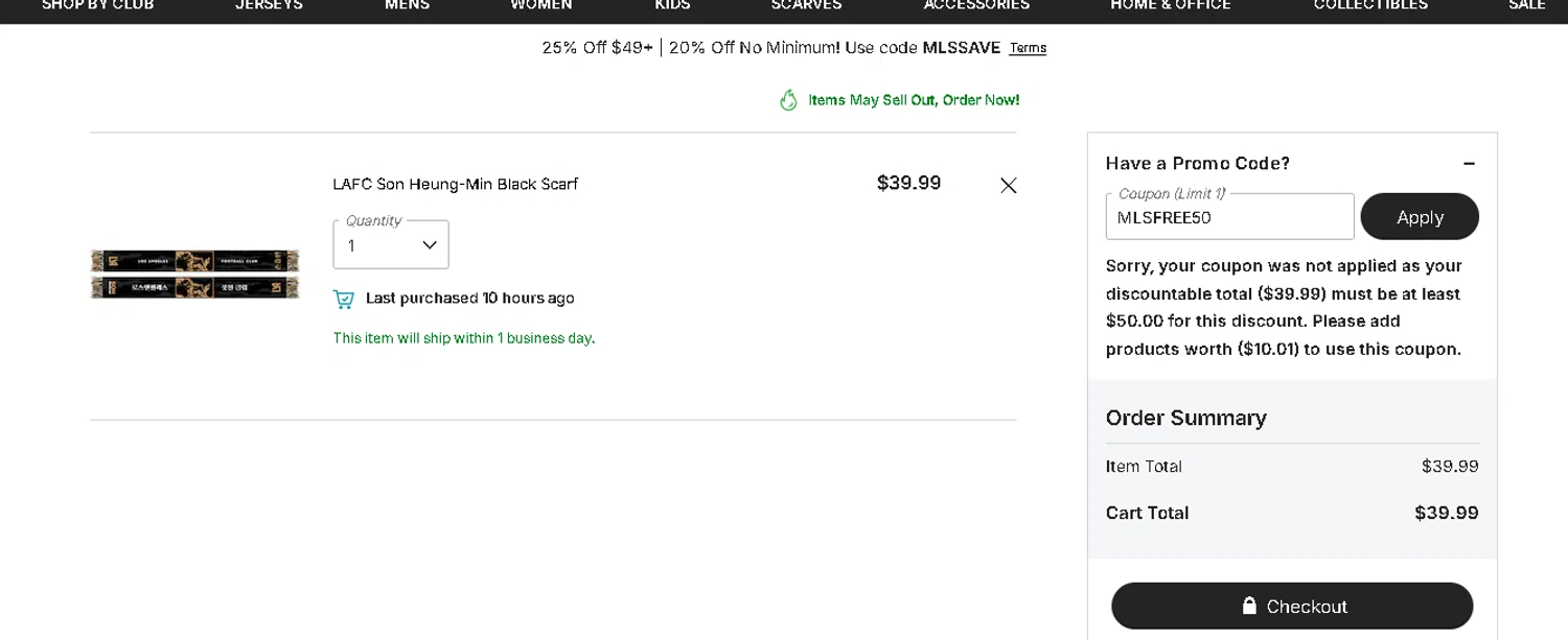 FC Dallas promo code screenshot showing code MLSFREE50 applied at FC Dallas checkout page. Uploaded by SimplyCodes community member goldhooh on Nov 15, 2025
