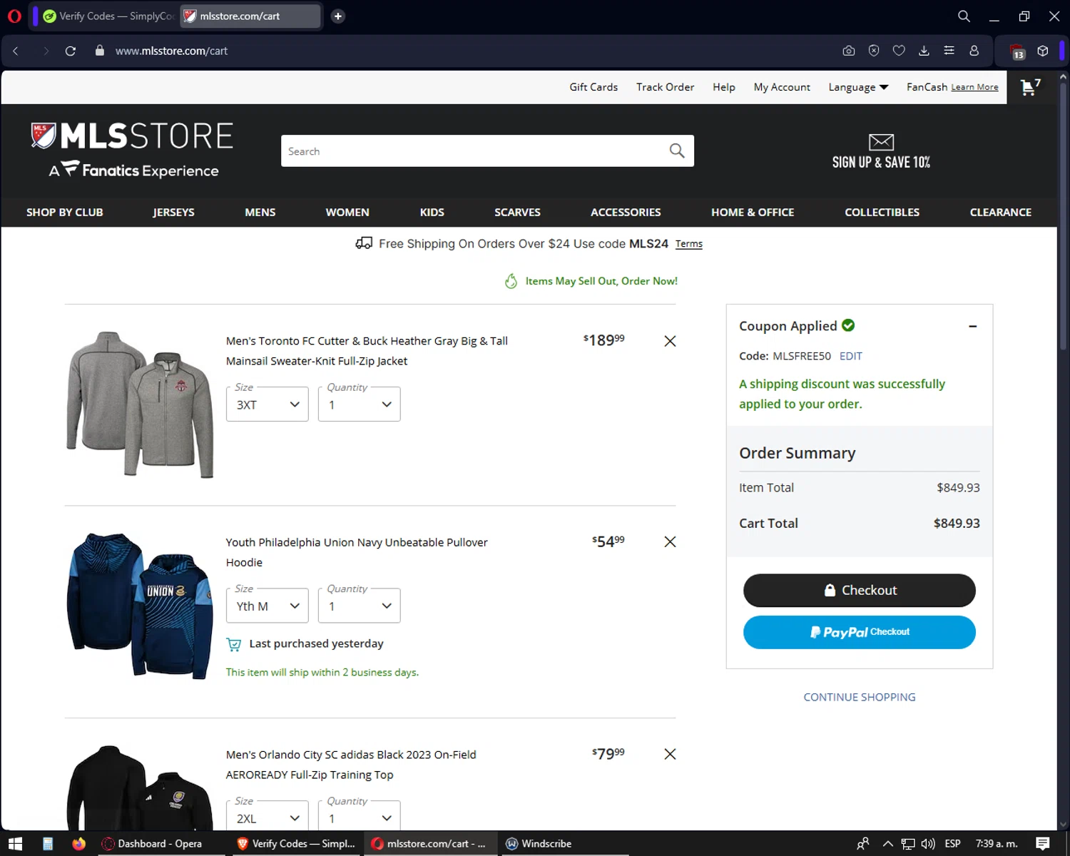 FC Dallas promo code screenshot showing code MLSFREE50 applied at FC Dallas checkout page. Uploaded by SimplyCodes community member yonaiker on Apr 7, 2025