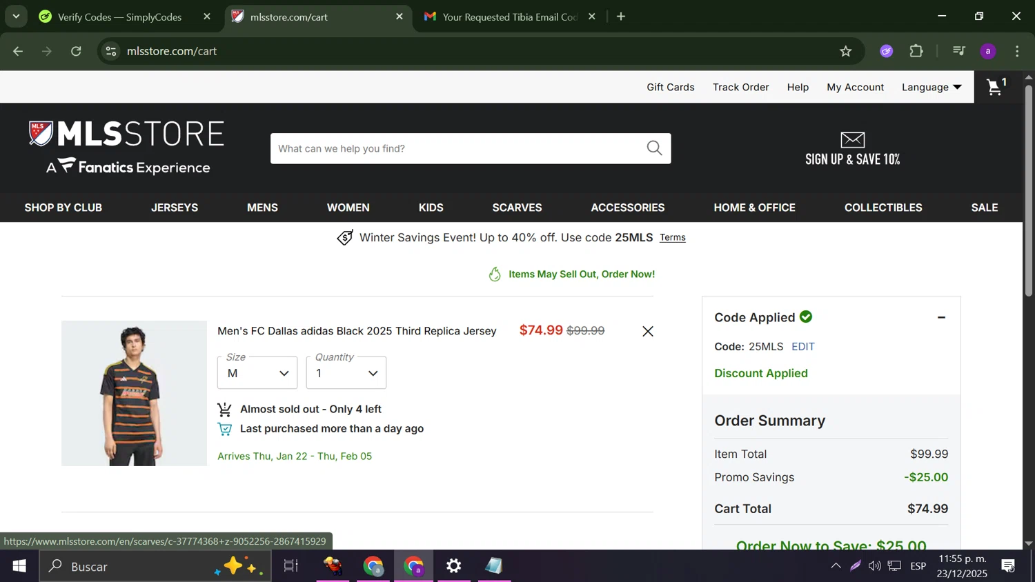 FC Dallas promo code screenshot showing code 25mls applied at FC Dallas checkout page. Uploaded by SimplyCodes community member Anderson on Dec 24, 2025