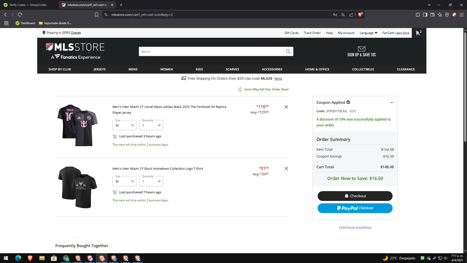 FC Dallas promo code screenshot showing code STP20173CAG applied at FC Dallas checkout page. Uploaded by SimplyCodes community member CleverTracker4432 on Apr 4, 2025