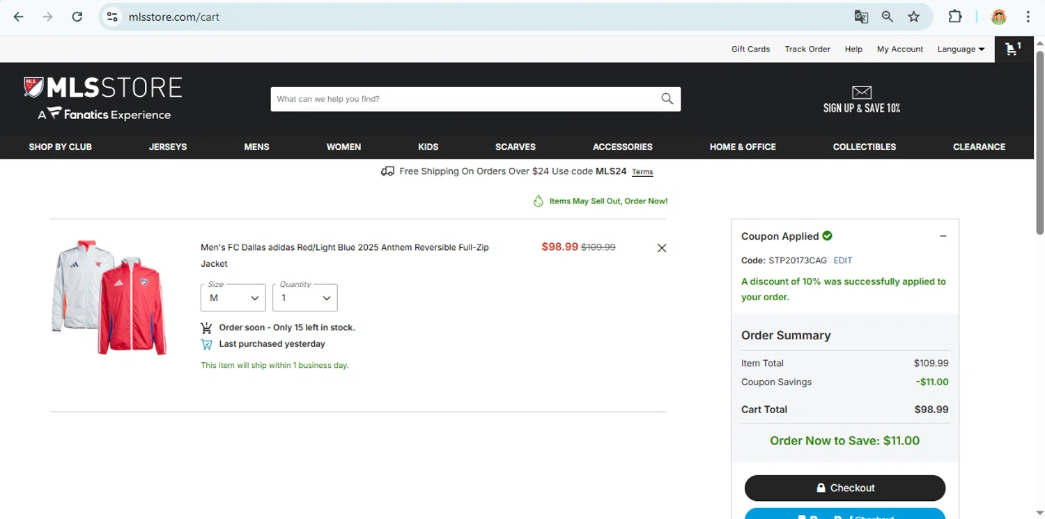 FC Dallas promo code screenshot showing code STP20173CAG applied at FC Dallas checkout page. Uploaded by SimplyCodes community member laurachirinos on Jun 17, 2025