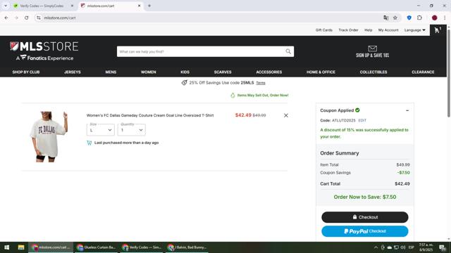 FC Dallas checkout page showing FC Dallas promo code box | Screenshot taken by SimplyCodes community member on Sep 8, 2025