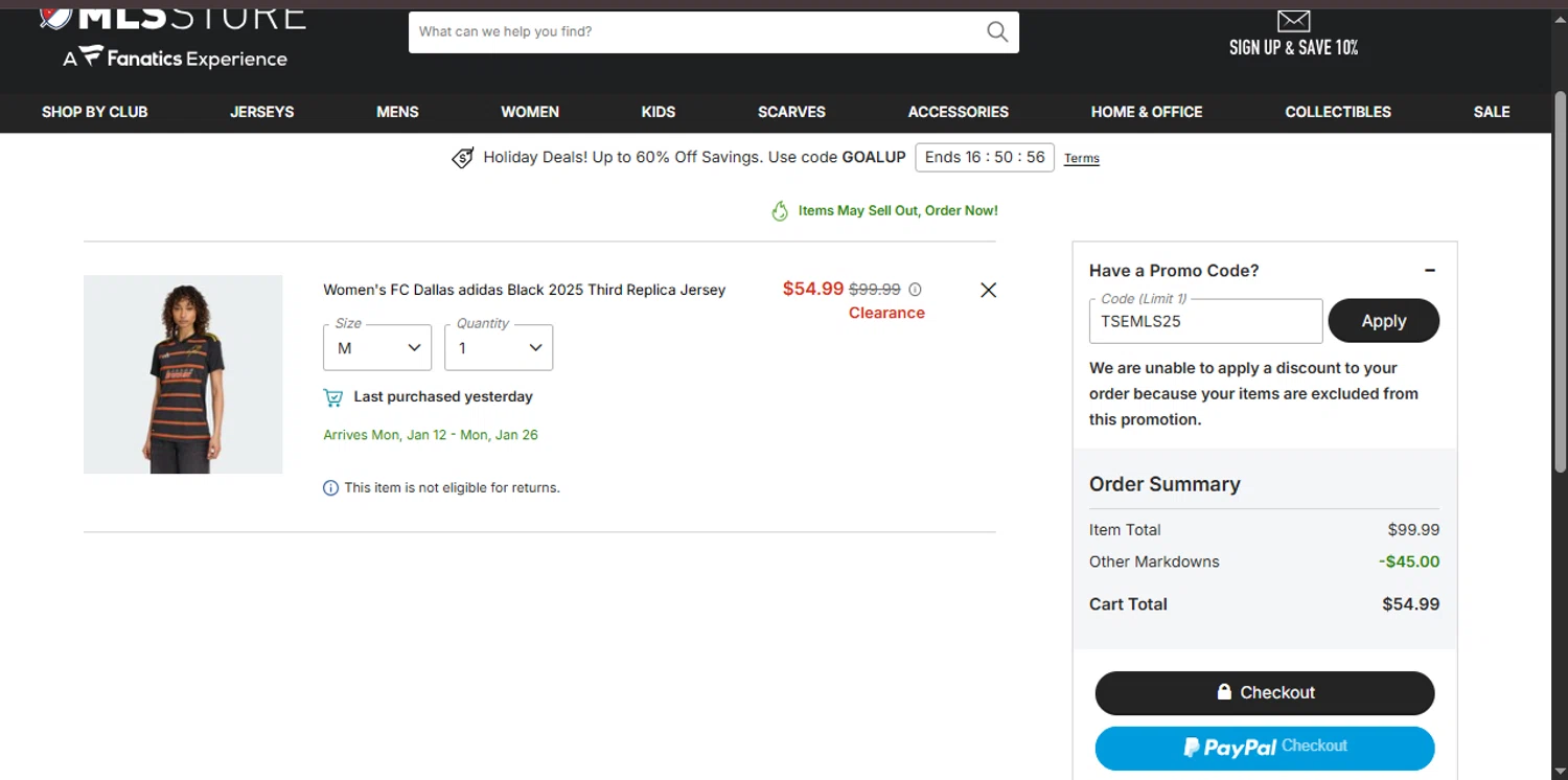 FC Dallas checkout page showing FC Dallas promo code box | Screenshot taken by SimplyCodes community member on Dec 21, 2025