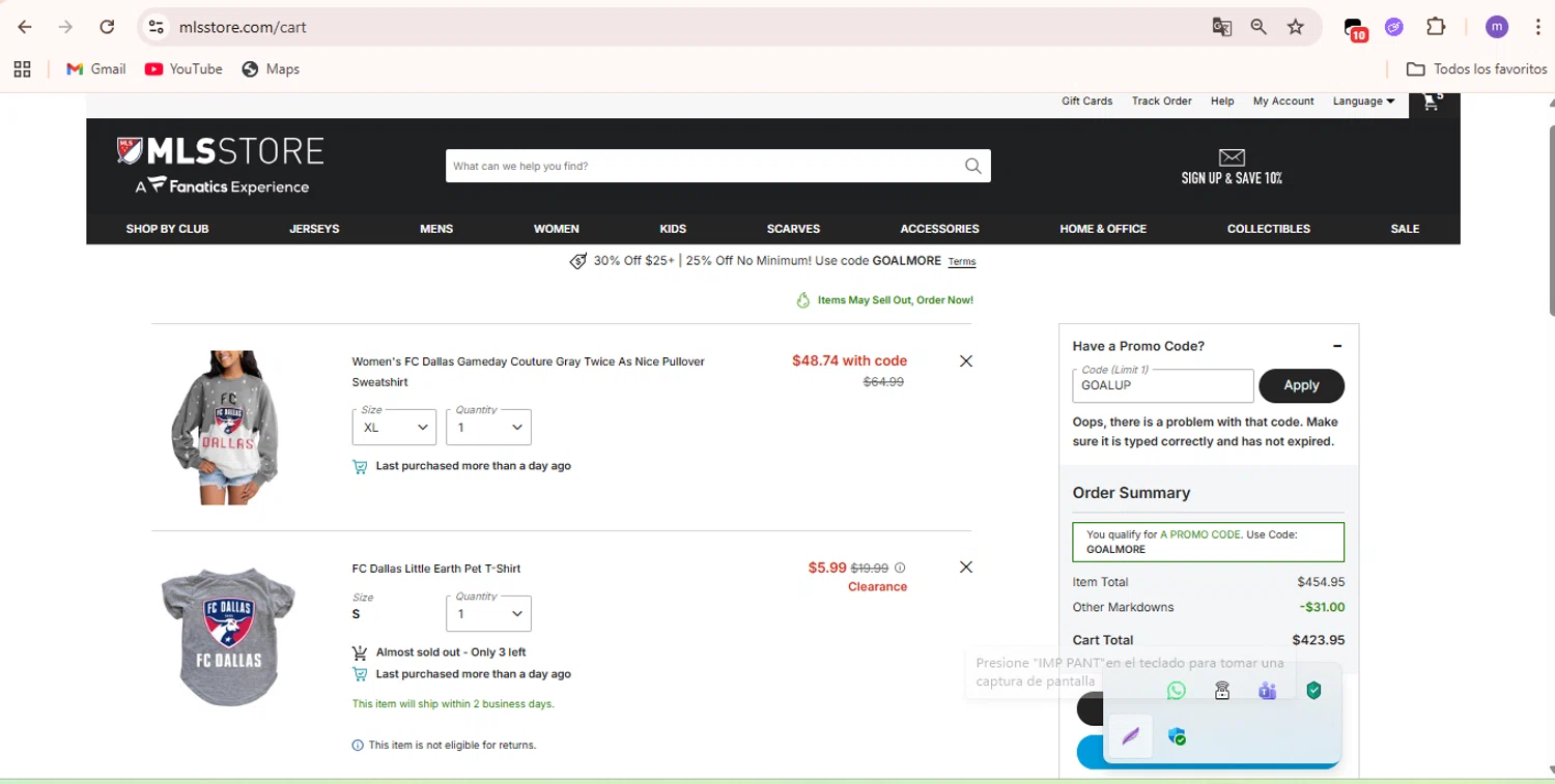 FC Dallas promo code screenshot showing code GOALUP applied at FC Dallas checkout page. Uploaded by SimplyCodes community member marieugepolanco on Dec 16, 2025