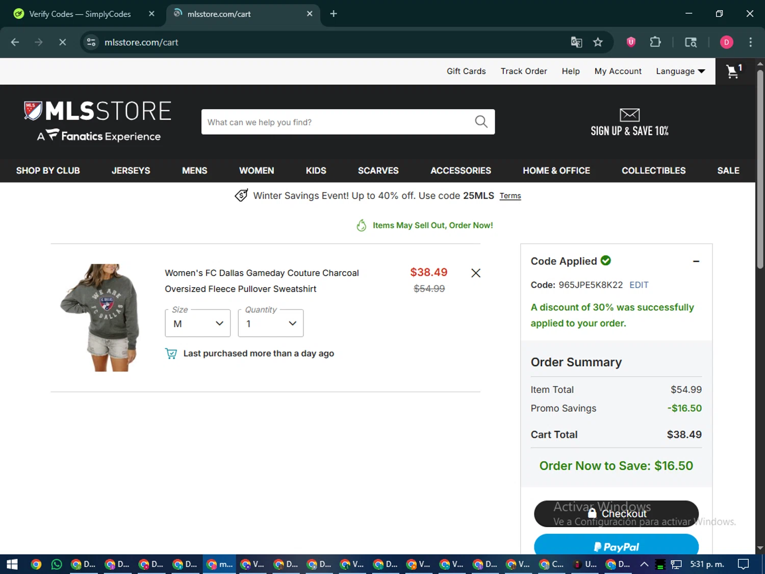FC Dallas promo code screenshot showing code 965JPE5K8K22 applied at FC Dallas checkout page. Uploaded by SimplyCodes community member MoneySeeker7165 on Dec 26, 2025