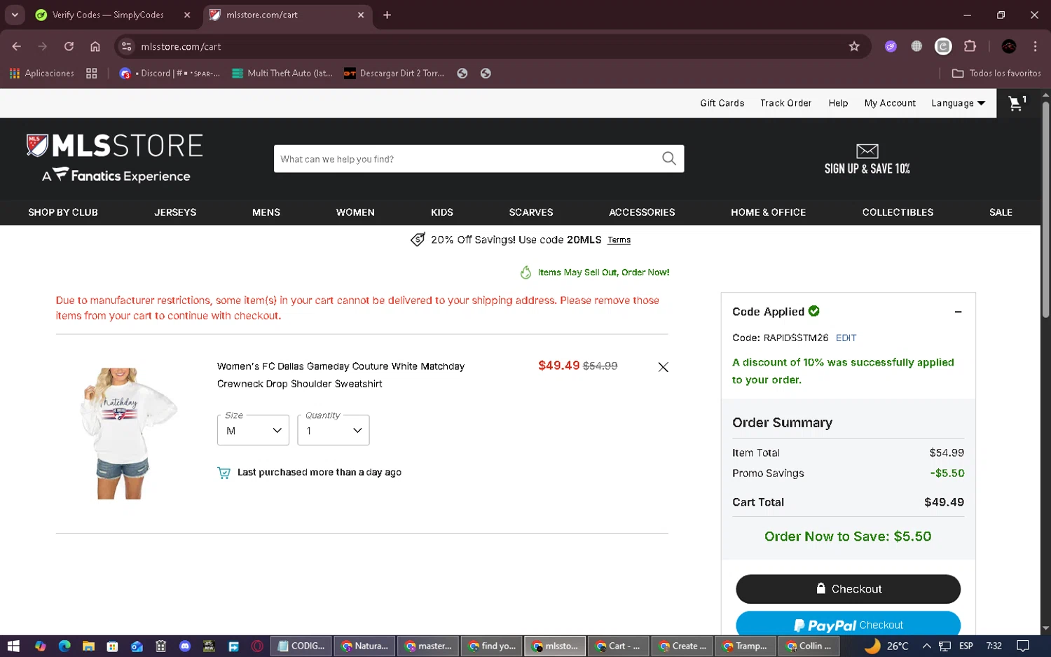 FC Dallas checkout page showing FC Dallas promo code box | Screenshot taken by SimplyCodes community member on Feb 3, 2026