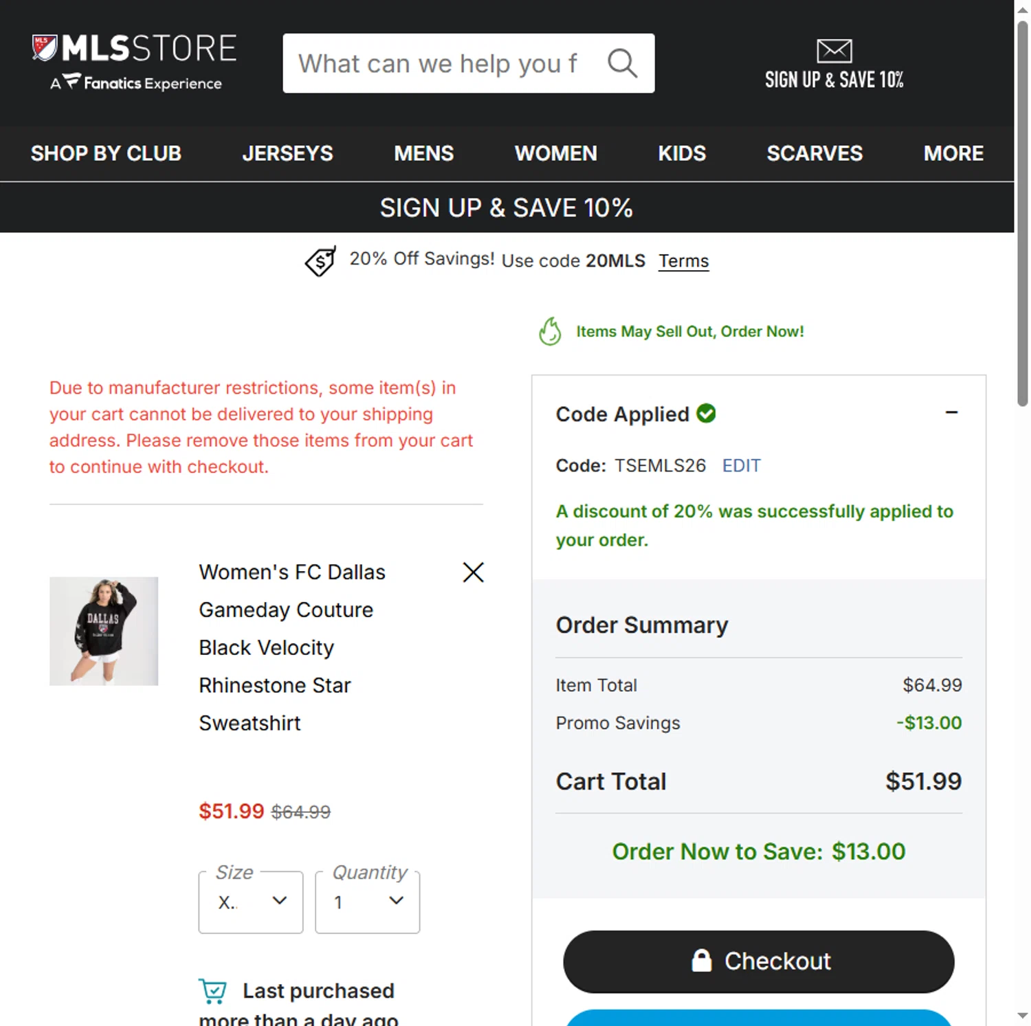 FC Dallas checkout page showing FC Dallas promo code box | Screenshot taken by SimplyCodes community member on Feb 25, 2026
