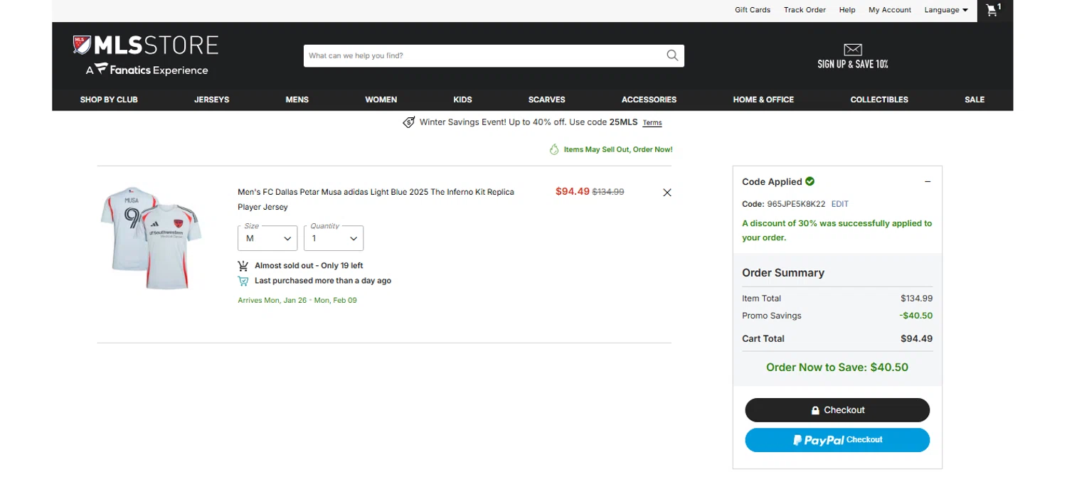 FC Dallas promo code screenshot showing code 965JPE5K8K22 applied at FC Dallas checkout page. Uploaded by SimplyCodes community member OnlywM on Dec 26, 2025