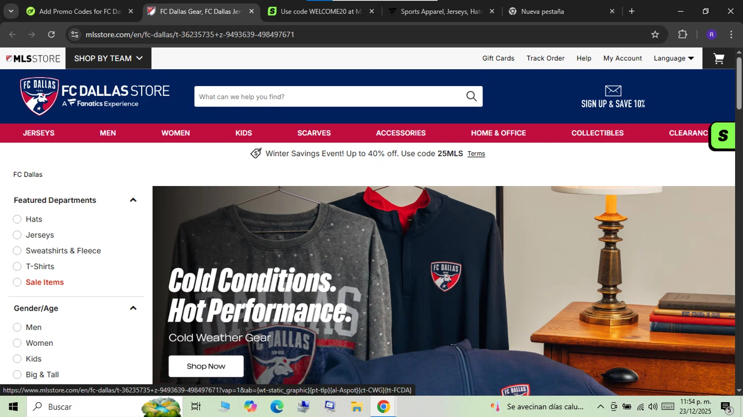 FC Dallas promo code screenshot showing code 25MLS applied at FC Dallas checkout page. Uploaded by SimplyCodes community member RAFV1111 on Dec 24, 2025