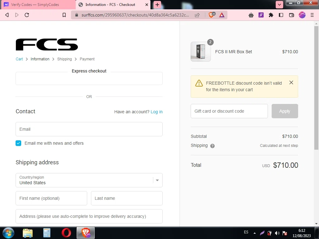 FCS Fins checkout page showing FCS Fins discount code box | Screenshot taken by SimplyCodes community member on Aug 12, 2023