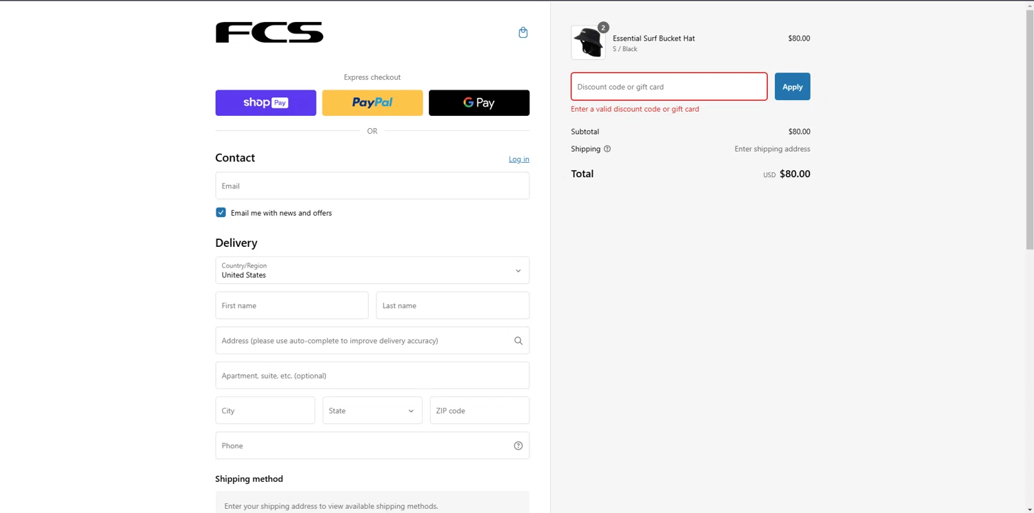 FCS Fins discount code screenshot showing code FREEDOMWAVES applied at FCS Fins checkout page. Uploaded by SimplyCodes community member CouponFalcon9871 on Feb 12, 2025