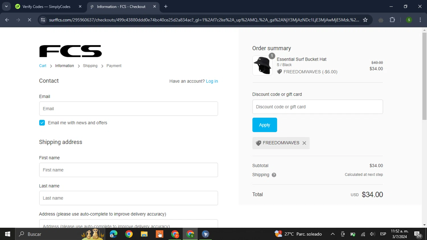 FCS Fins checkout page showing FCS Fins discount code box | Screenshot taken by SimplyCodes community member on Jul 3, 2024