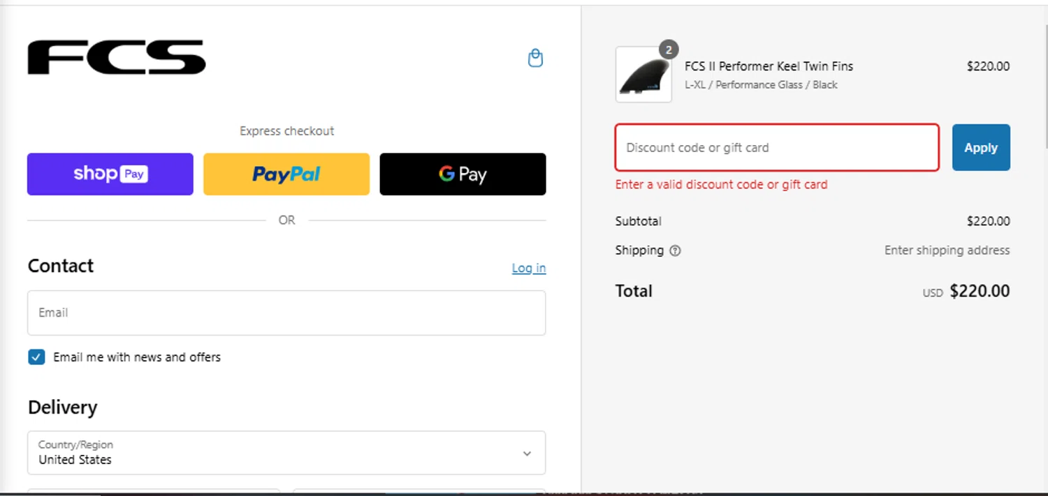 FCS Fins discount code screenshot showing code Celebrate15 applied at FCS Fins checkout page. Uploaded by SimplyCodes community member Franyer12 on Feb 25, 2025