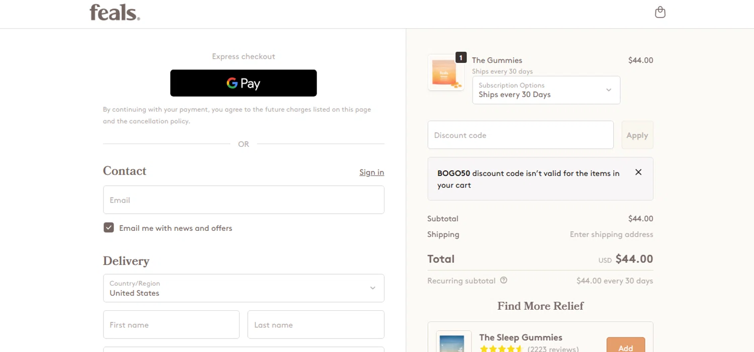 Feals promo code screenshot showing code BOGO50 applied at Feals checkout page. Uploaded by SimplyCodes community member MagnificentCurator5441 on Dec 29, 2025