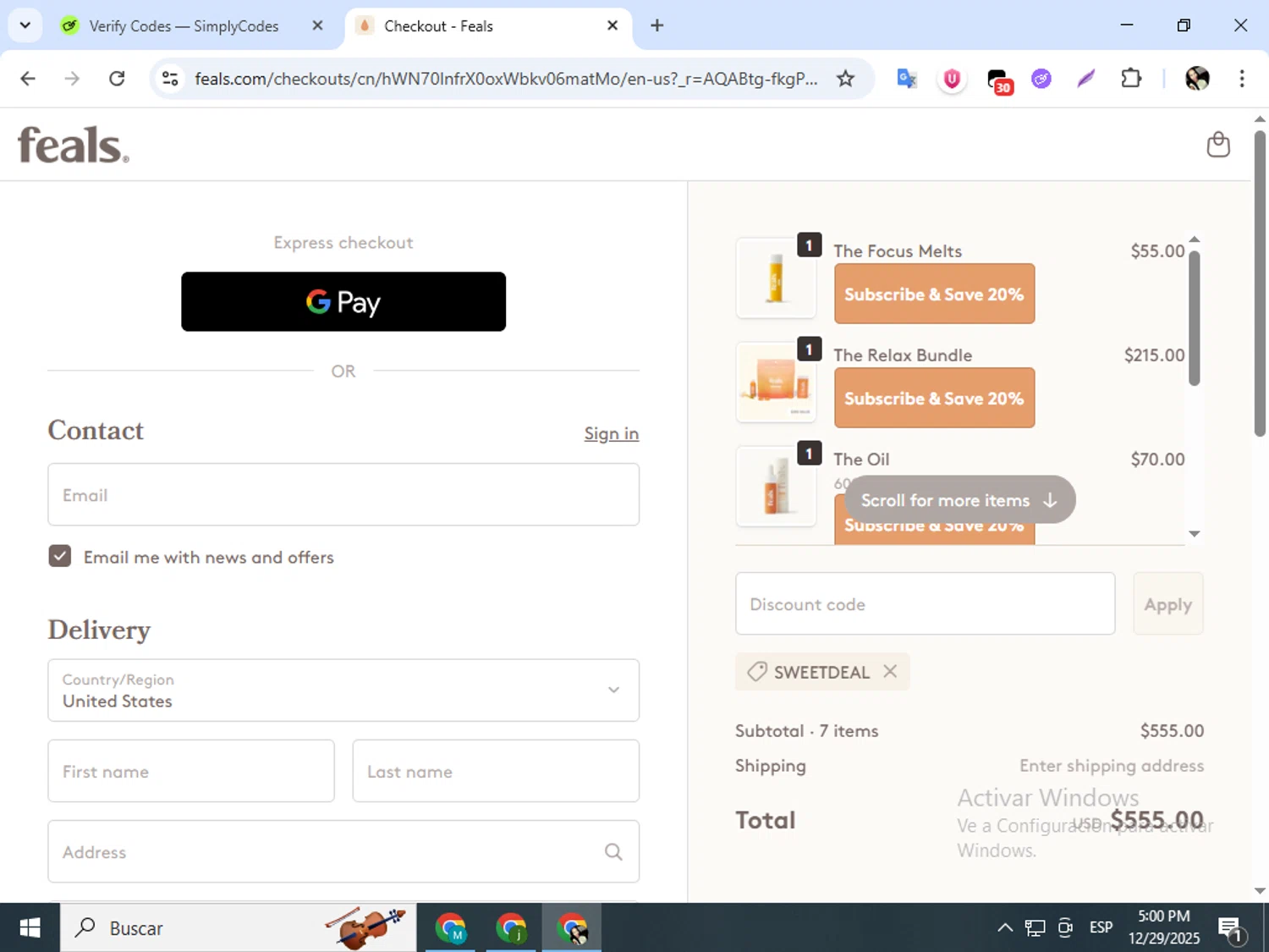 Feals promo code screenshot showing code SWEETDEAL applied at Feals checkout page. Uploaded by SimplyCodes community member mariapolancog on Dec 29, 2025