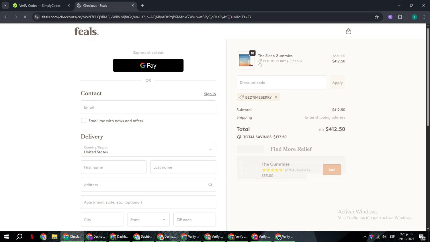 Feals promo code screenshot showing code BEDTIMEBERRY applied at Feals checkout page. Uploaded by SimplyCodes community member FrugalCaptain6906 on Dec 29, 2025