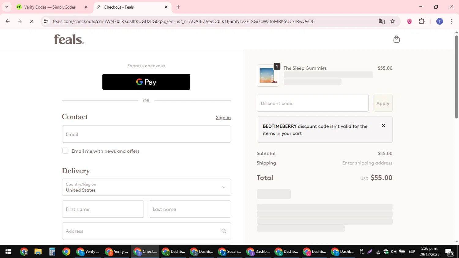 Feals promo code screenshot showing code BEDTIMEBERRY applied at Feals checkout page. Uploaded by SimplyCodes community member snidertom8 on Dec 29, 2025