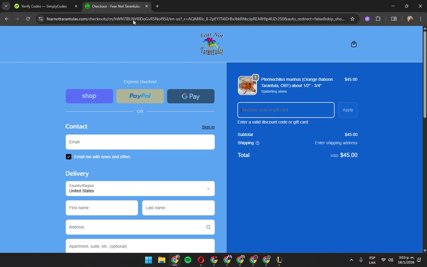 Fear Not Tarantulas promo code screenshot showing code 2026 applied at Fear Not Tarantulas checkout page. Uploaded by SimplyCodes community member JennaOrtega on Jan 18, 2026