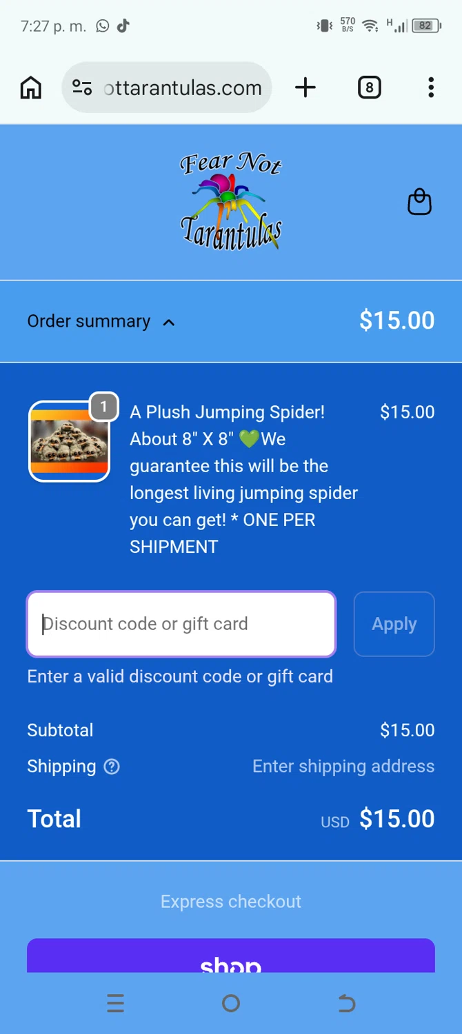 Fear Not Tarantulas promo code screenshot showing code luckymar15 applied at Fear Not Tarantulas checkout page. Uploaded by SimplyCodes community member Emil05111429 on Mar 1, 2026