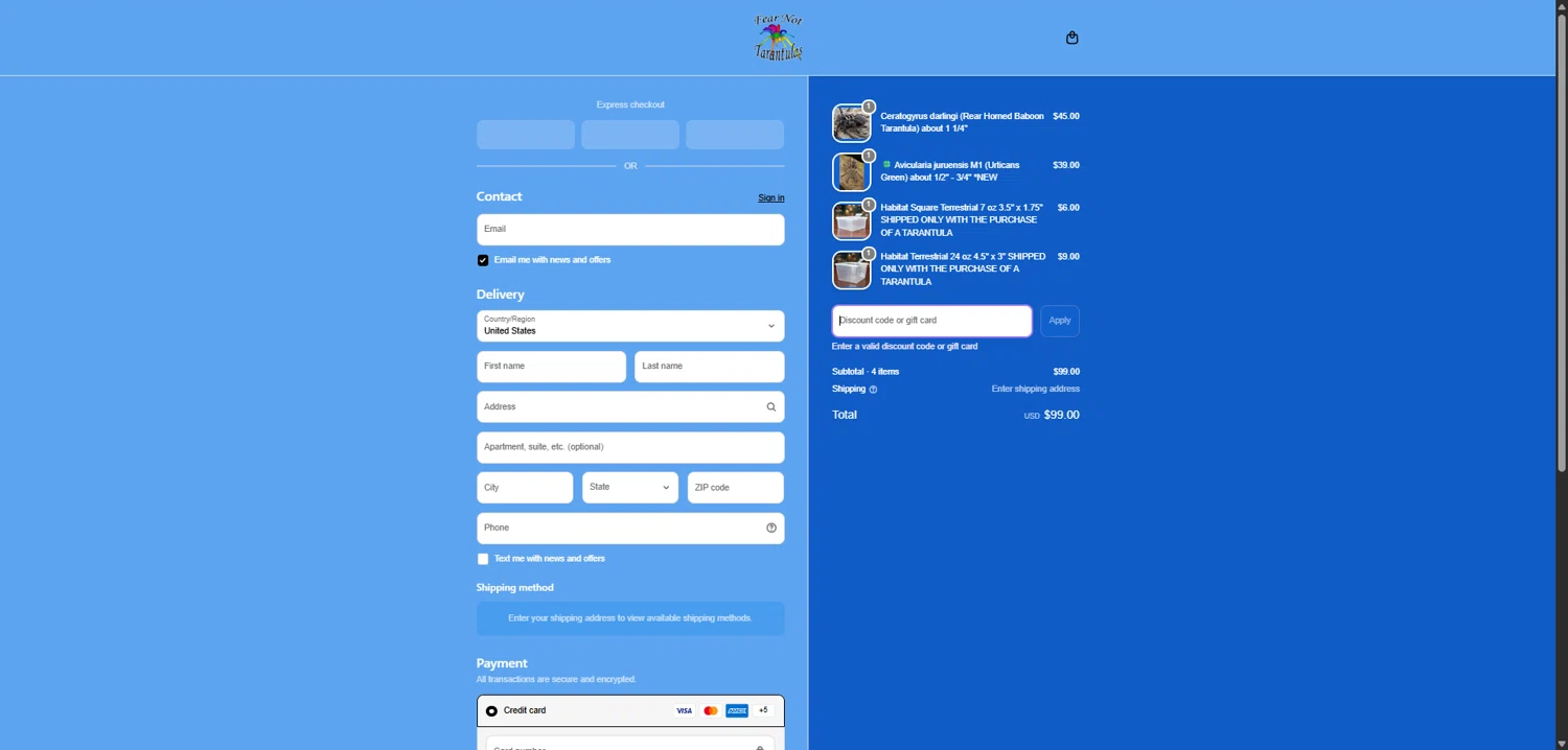 Fear Not Tarantulas promo code screenshot showing code luckymar15 applied at Fear Not Tarantulas checkout page. Uploaded by SimplyCodes community member SavvyCollector7681 on Mar 2, 2026