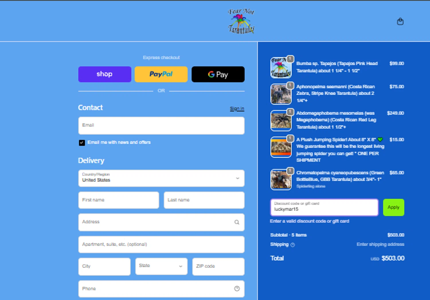Fear Not Tarantulas promo code screenshot showing code luckymar15 applied at Fear Not Tarantulas checkout page. Uploaded by SimplyCodes community member NEWYORK on Mar 1, 2026